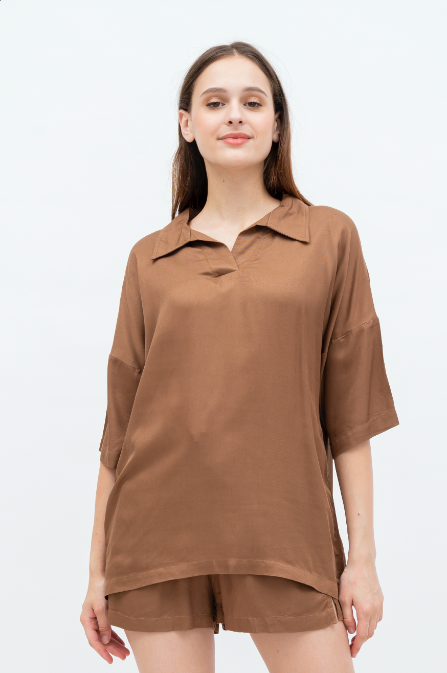 Aubree - Short Sleeve Rayon Pyjama Set (Brown/Pink)