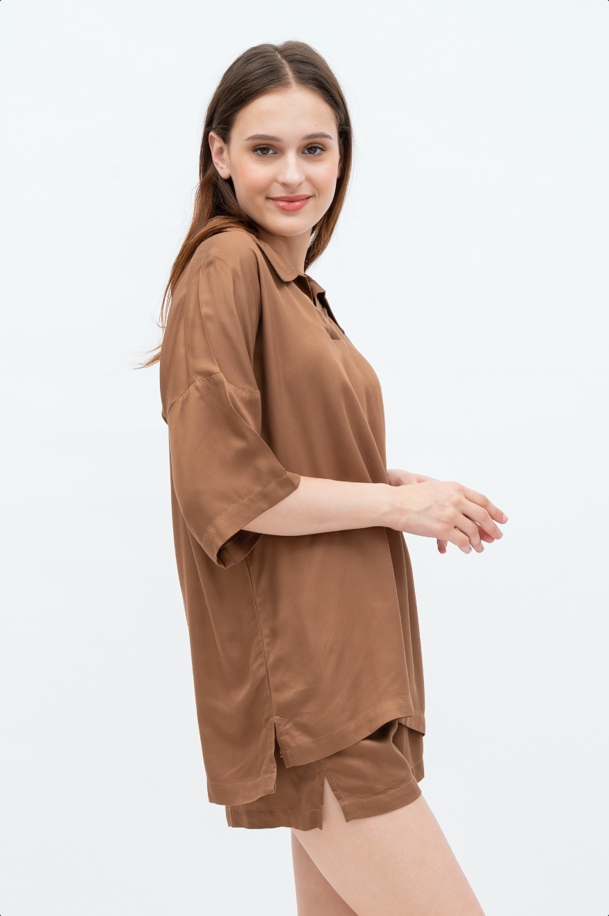 Aubree - Short Sleeve Rayon Pyjama Set (Brown/Pink)