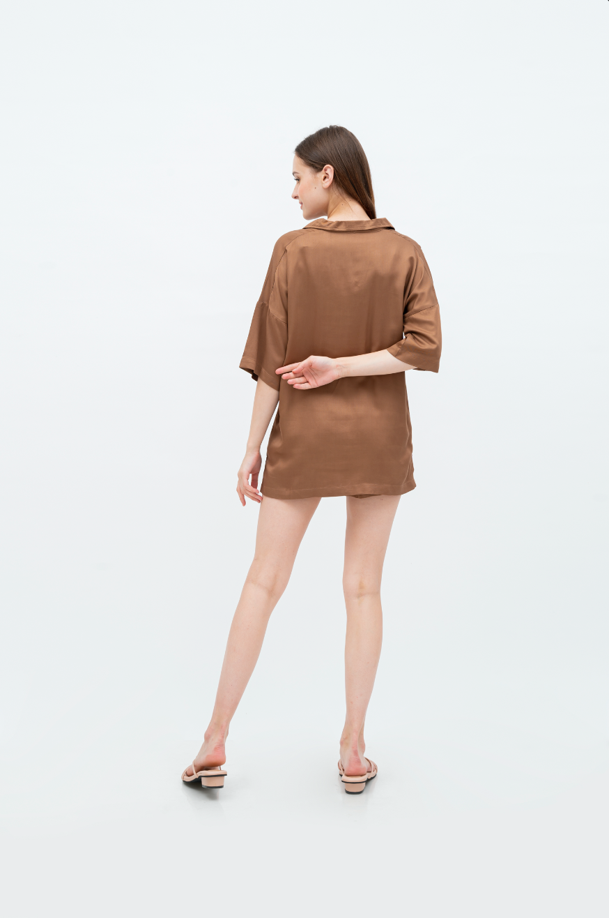 Aubree - Short Sleeve Rayon Pyjama Set (Brown/Pink)