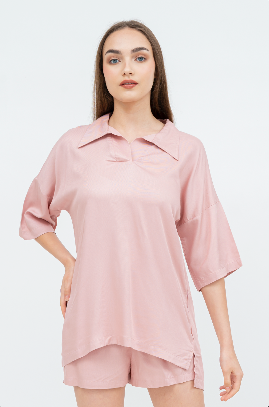 Aubree - Short Sleeve Rayon Pyjama Set (Brown/Pink)