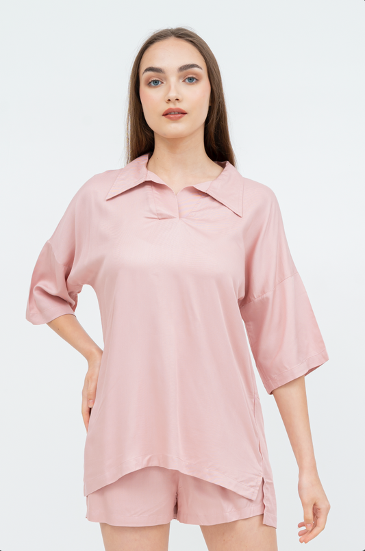 Aubree - Short Sleeve Rayon Pyjama Set (Brown/Pink)
