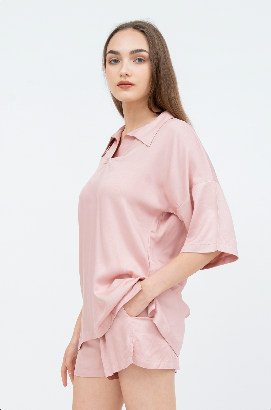 Aubree - Short Sleeve Rayon Pyjama Set (Brown/Pink)