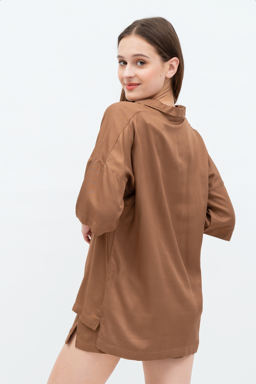 Aubree - Short Sleeve Rayon Pyjama Set (Brown/Pink)
